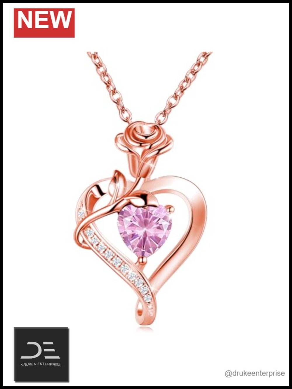 S925 Sterling Silver Rose Flower Dainty Birthstone Heart Necklace